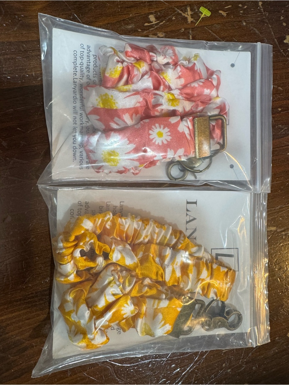 NWT Scrunchie Floral Lanyards Set of 2- Pink & Yellow, brass accents, ID holders